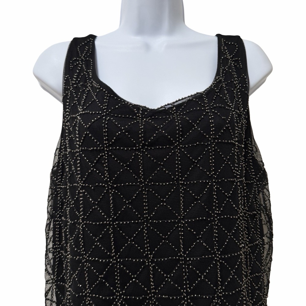 CHICOS Womens Embellished Geo Mesh Beaded Tank Size 2/L Black Going Out Top NEW - Picture 3 of 7